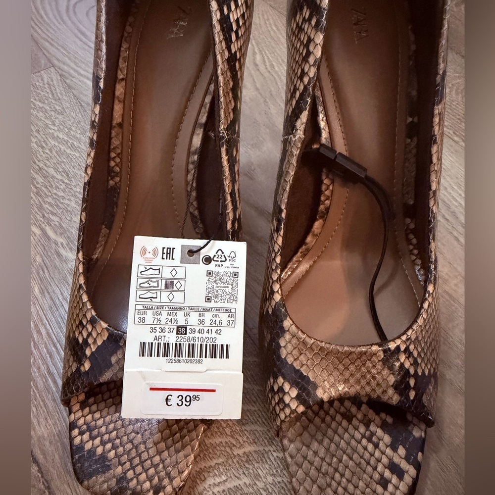 NWT Zara Snakeskin Open Toe Heels Size 7.5 - Picture 7 of 7